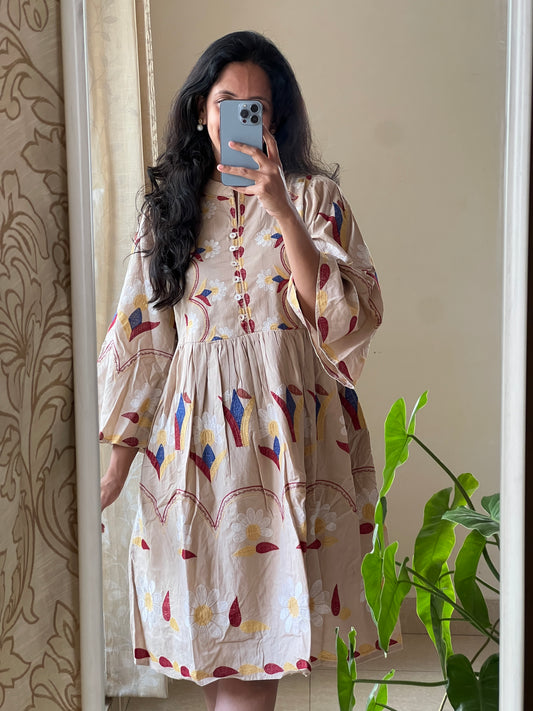 A0135 Cream Pure Cotton Short frock with Machine Embroidery
