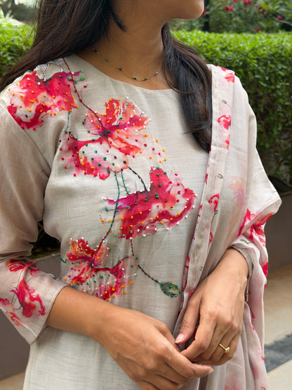 A0799 Mul Chanderi digital print with knot hand work detailing