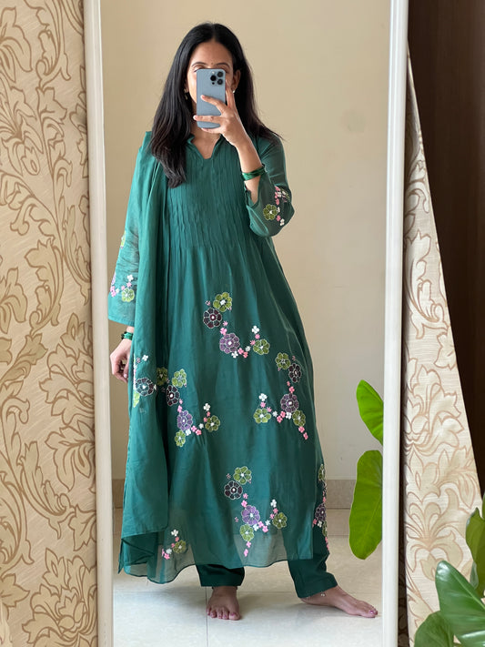 A0560 green Mul chanderi 3 piece dress with hand embroidery & hand paint detailing