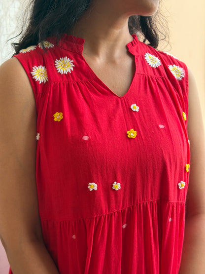 A0752 Red bengal cotton Jamdani one piece dress with hand embroidery on yoke part