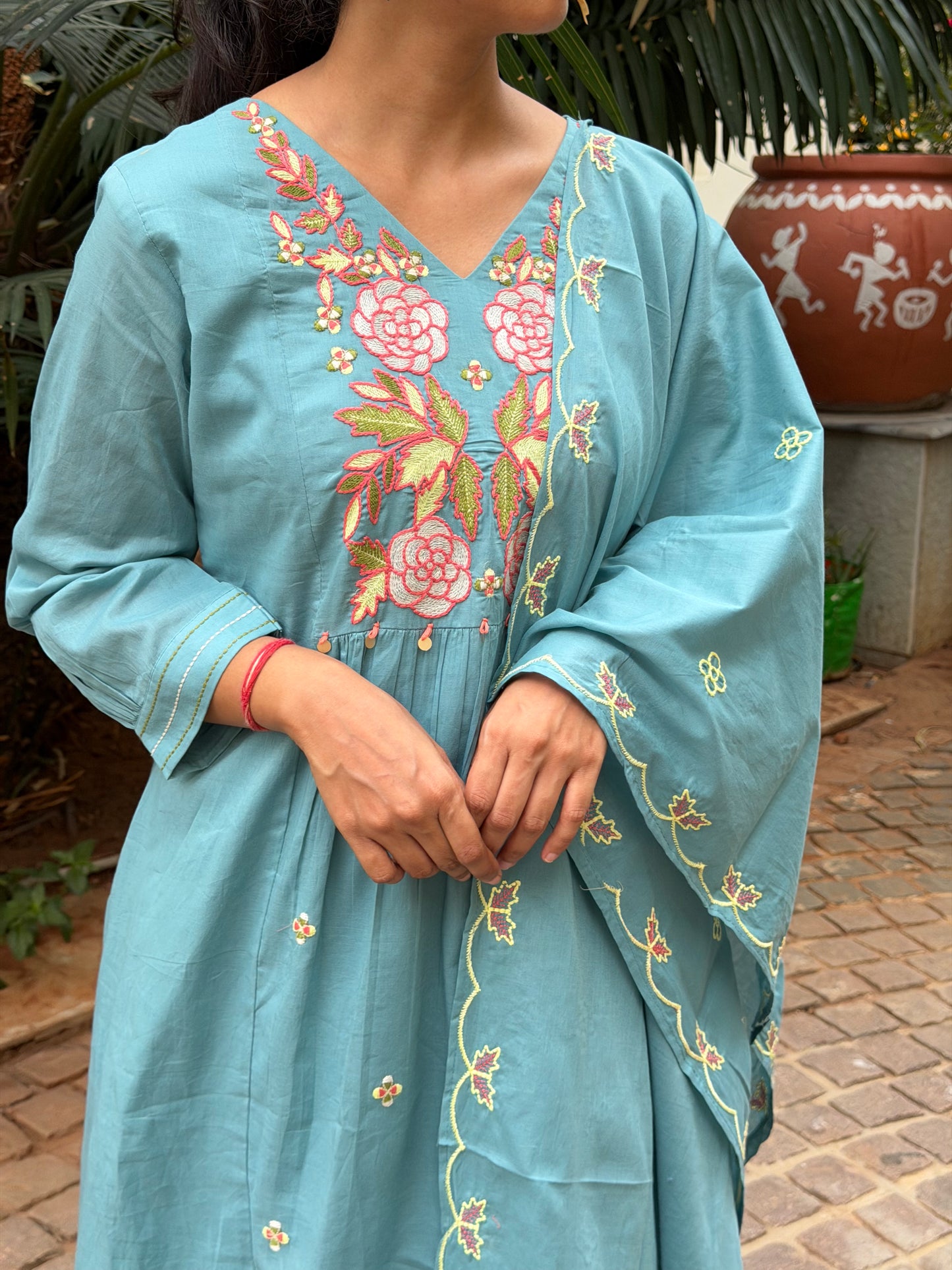 A0693 Chanderi 3pc set with Rose floral embroidery detailing