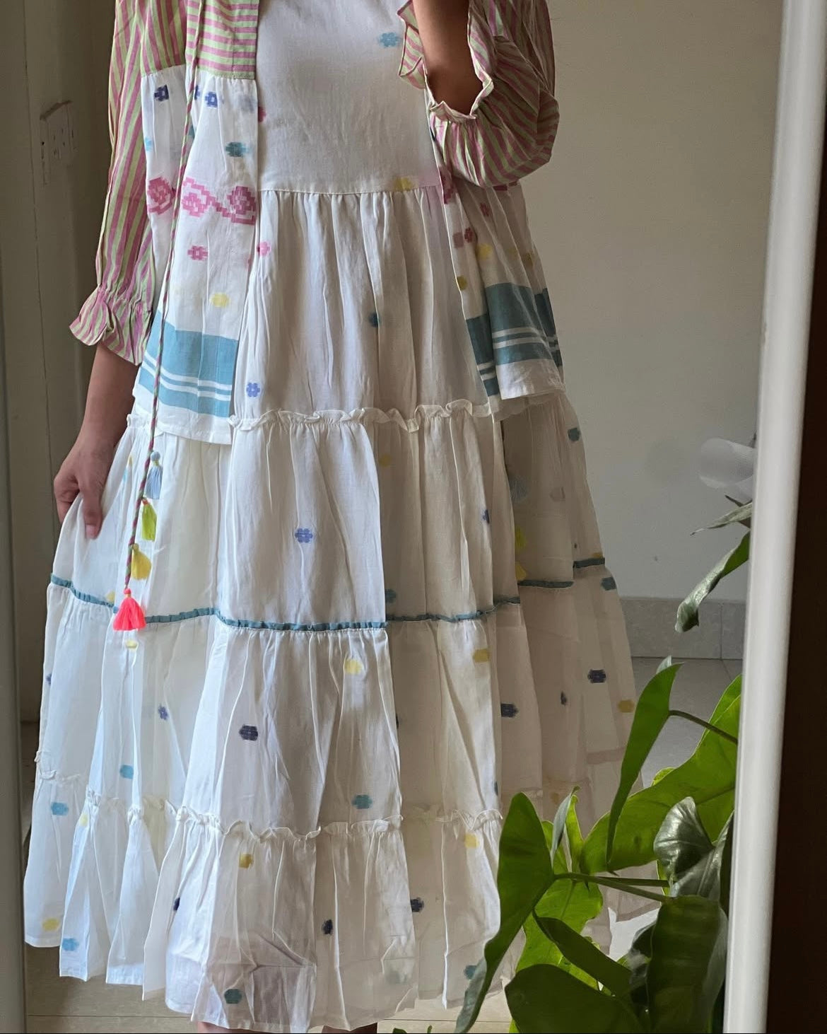 A0205 white Bengal cotton jamdani dress with shrug