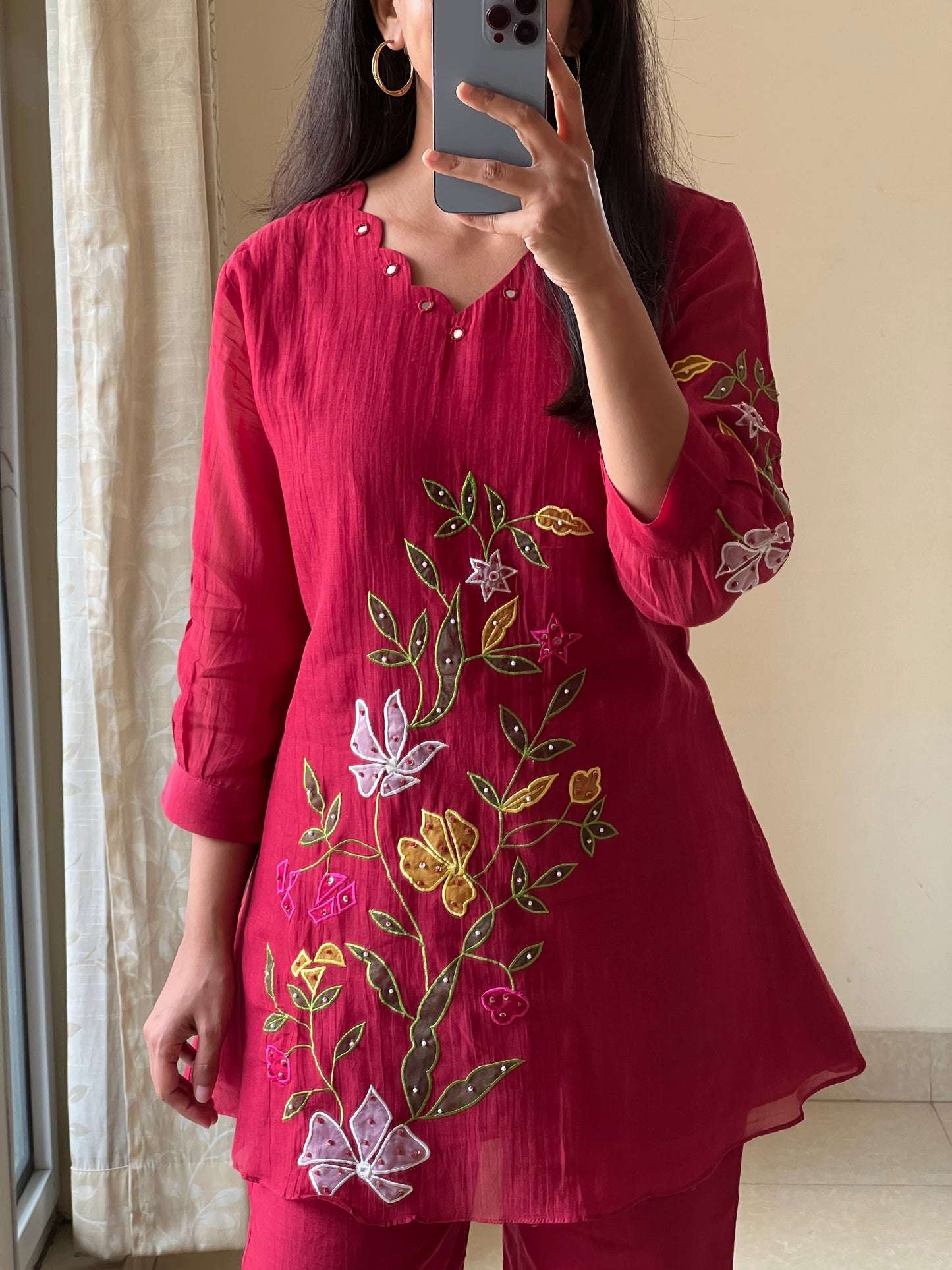 A0584 Red mul chanderi coord set with applique work detailing