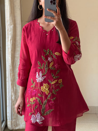 A0584 Red mul chanderi coord set with applique work detailing