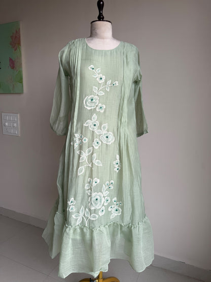 A0851 pista green mul chanderi hand painted one piece dress
