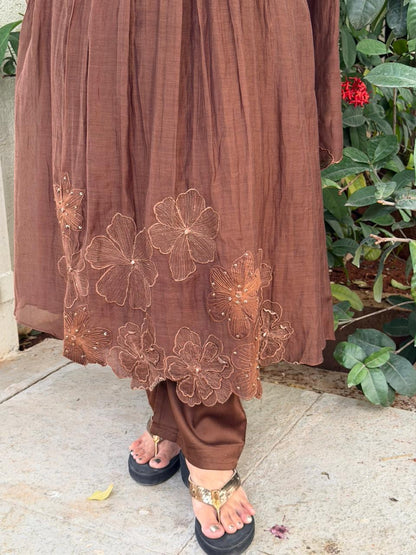 A0622 brown mul chanderi 3 piece suit with floral 3d embroidered & cut work for dress, sleeves & duppatta