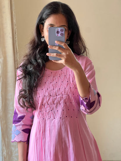 A0306 pink Mulmul one piece dress with applique work embroidery on sleeves