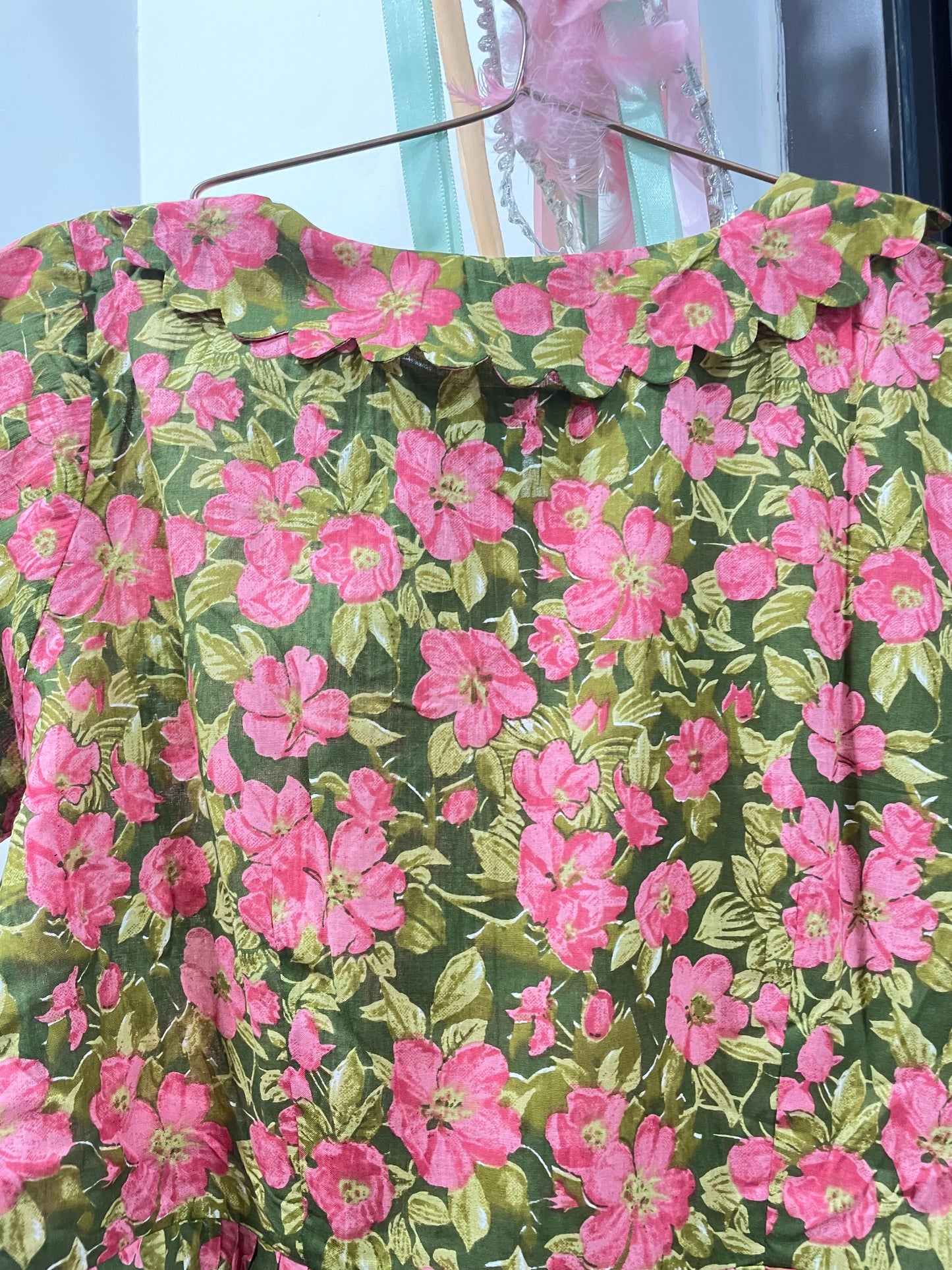 A0376 green & pink pure cotton Hand block prints summer frock