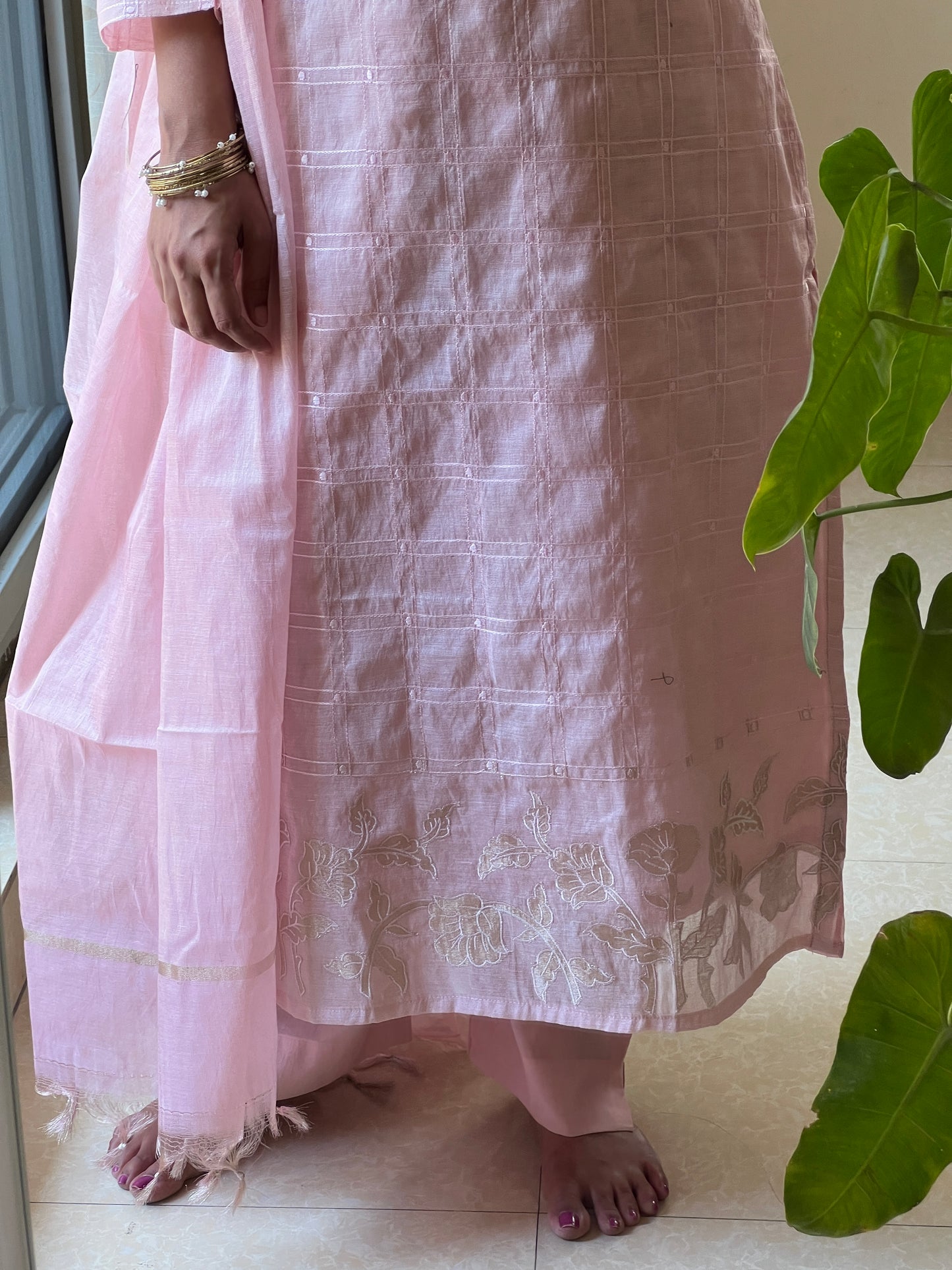 A0354 pink Lenin tissue 3 piece dress with all over machine embroidery & applique work detailing