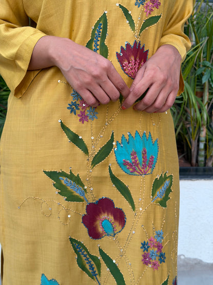 A0608 vatican silk 2pc Mustard hand painted and embroidery detailing