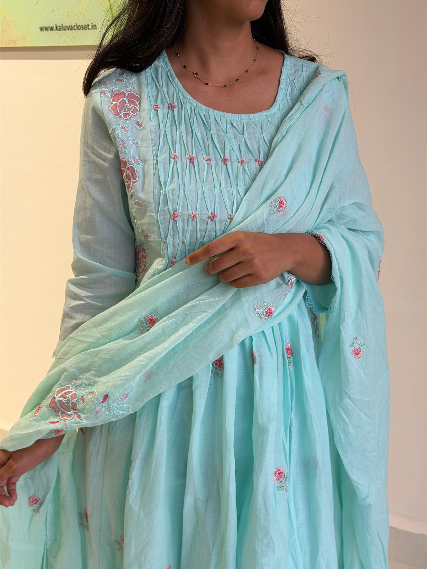 A0722 sea blue mul cotton 3 piece dress with knot, applique work detailing comes with cotton lining