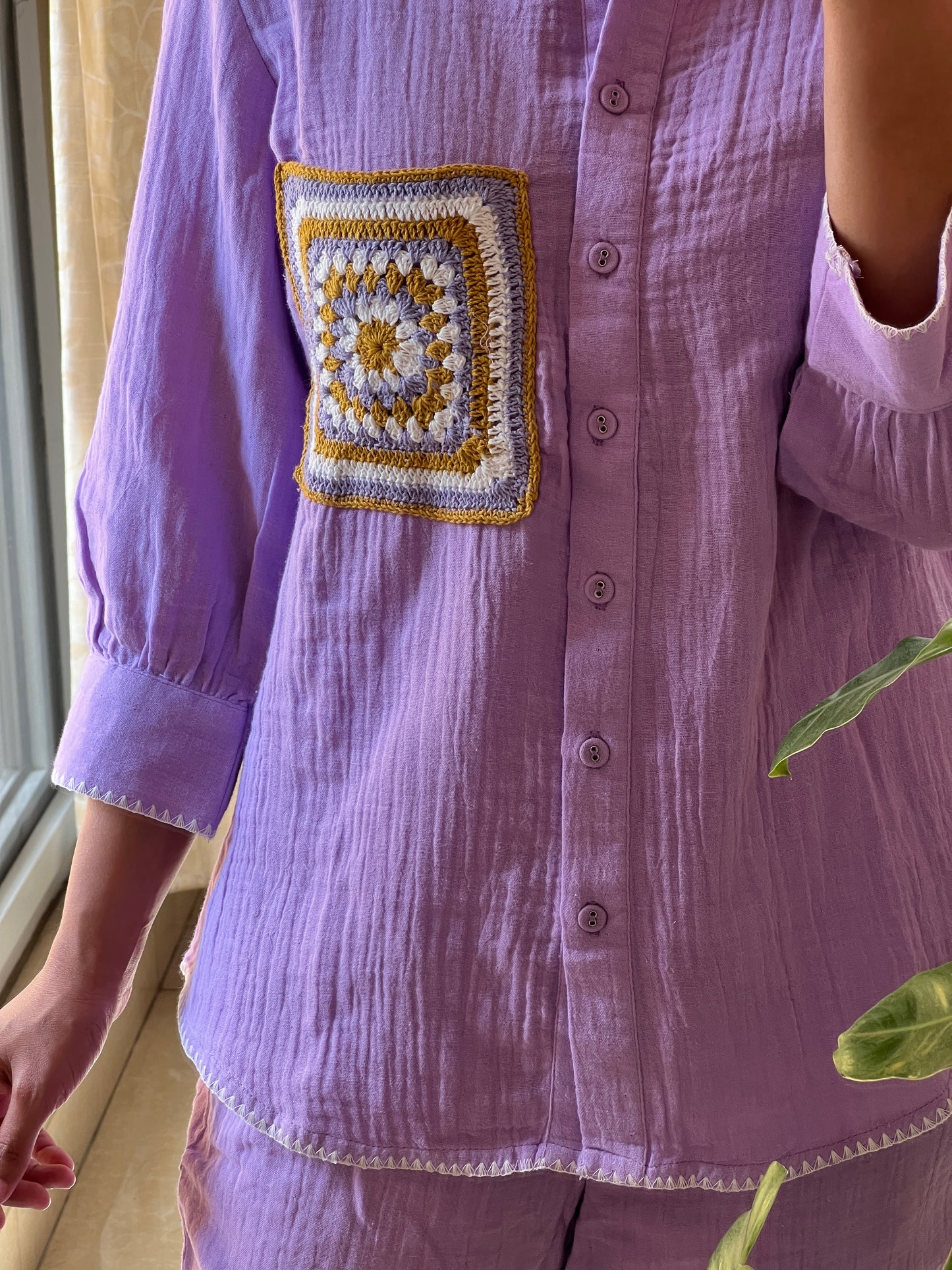 A0315 lavender crushed cotton coord set with crochet lace patch work detailing