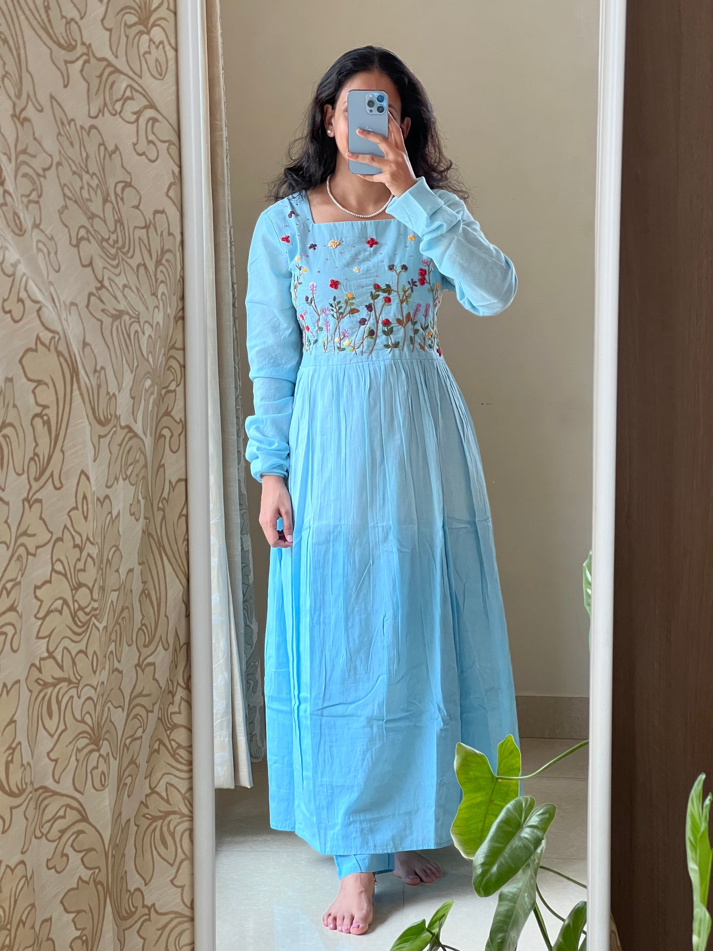 #9144 Mulmul blue shaded 2 piece dress with hand embroidery