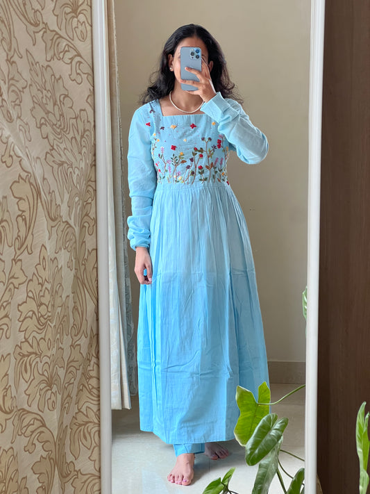 #9144 Mulmul blue shaded 2 piece dress with hand embroidery