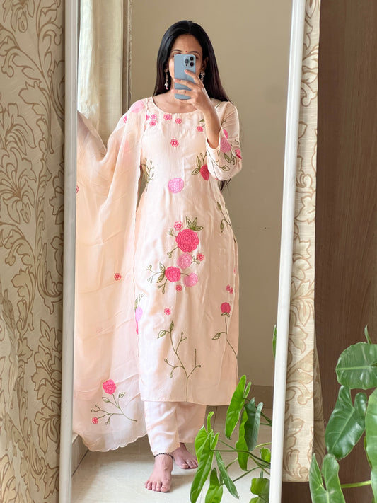 A0439 light peach dola silk 3 piece dress with applique work detailing comes with organza dupatta