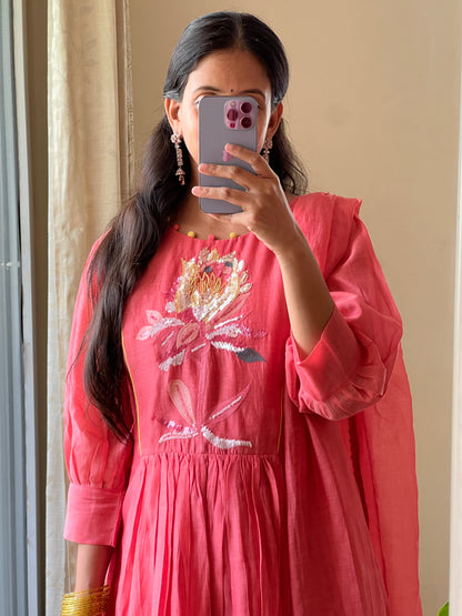 A0421 peach mul chanderi 3 piece dress with hand embroidery, beads and chips work