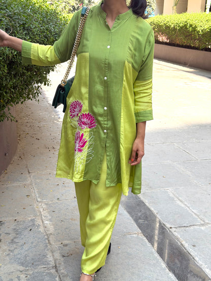 A0602 Green mul chanderi coord with applique work detailing