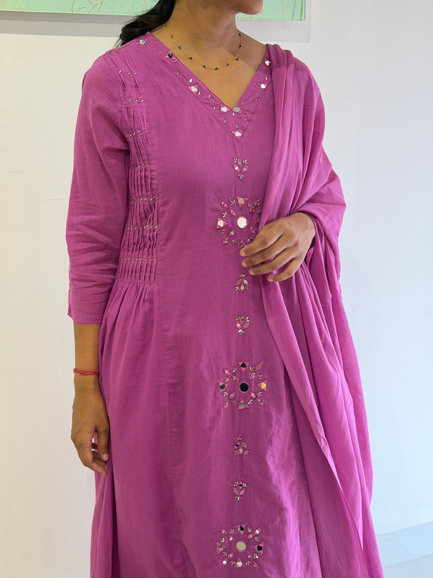 A0730 pink mul cotton 3 piece with mirror embroidery detailing & side pleats
