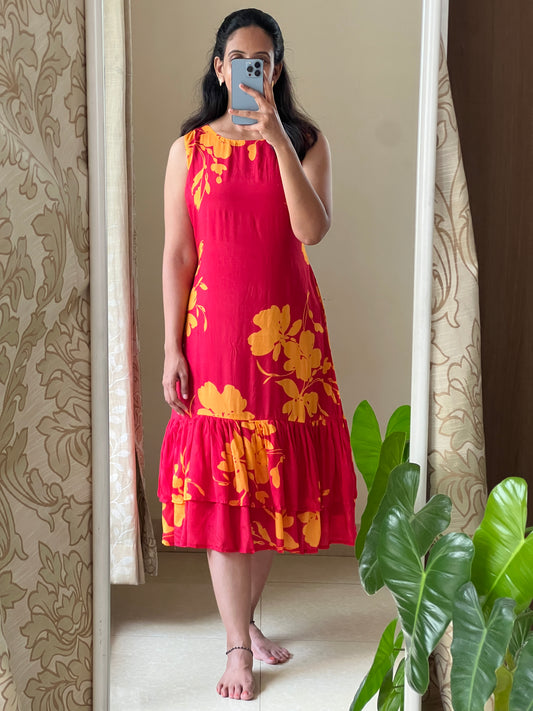 A0512  red & yellow cotton silk one piece dress with digital floral printed pattern, sleeves are provided inside