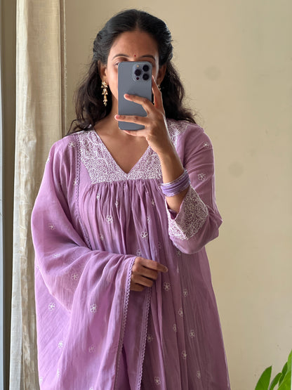 A0518 lavender mul chanderi 3 piece dress with embroidery detailing all over the dress