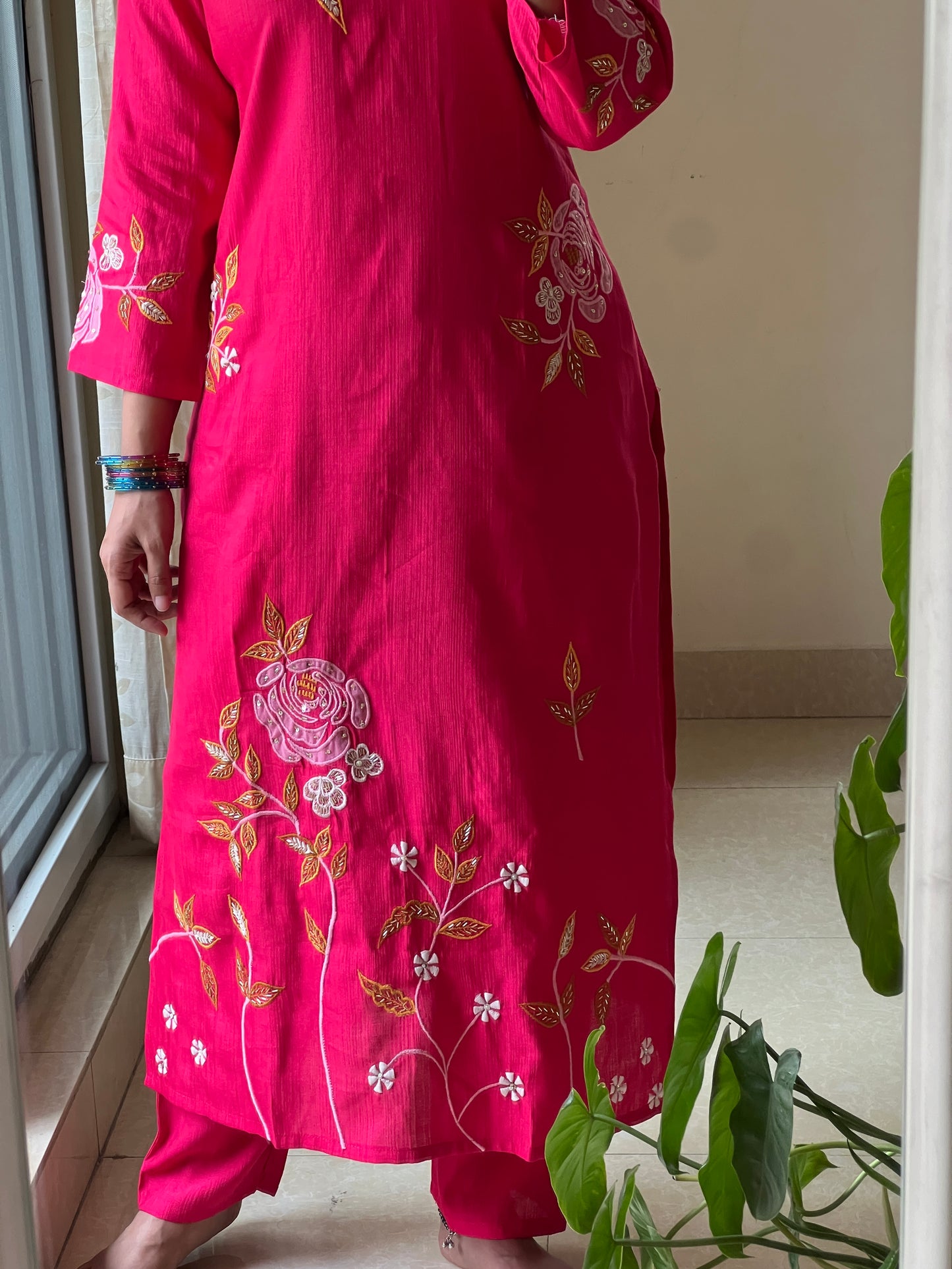 A0432 pink Vatican silk 2 piece dress with hand embroidery, applique & beads work detailing