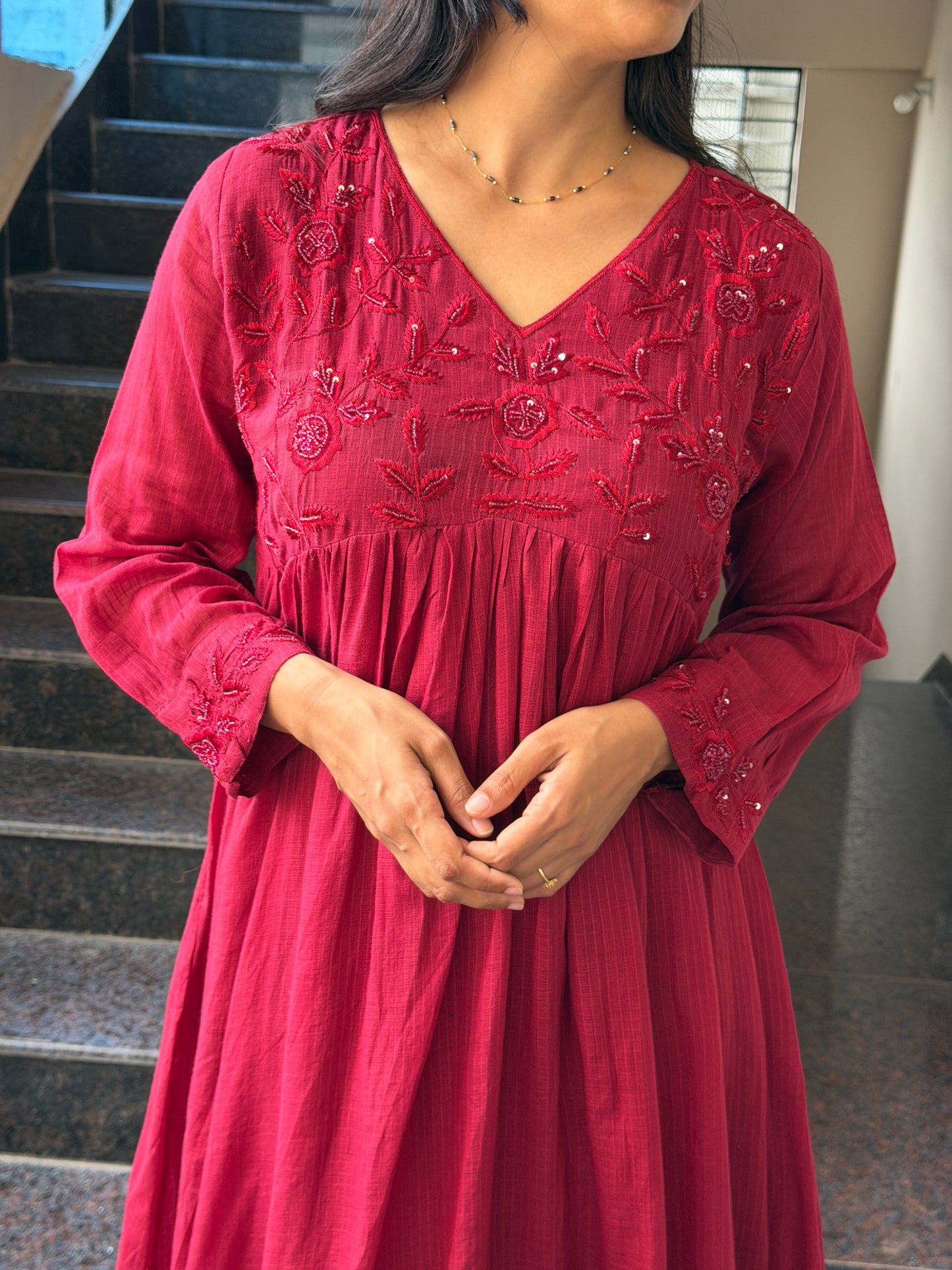 A0789 Marron Kota cotton bead embroidery dress