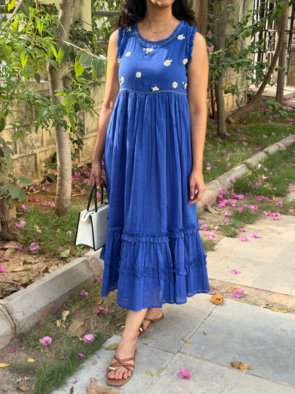 A0765 blue cotton one piece dress with hand embroidery detailing on yoke part