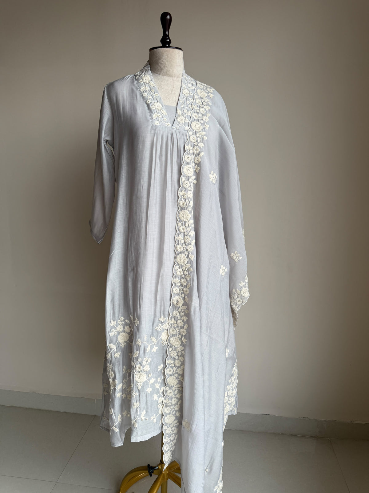 A0845 elephant grey mul chanderi 3 piece dress