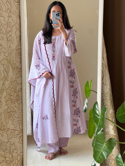 A0578 lavender mul chanderi 3 piece dress rose embroidery all over the dress with cut work duppatta