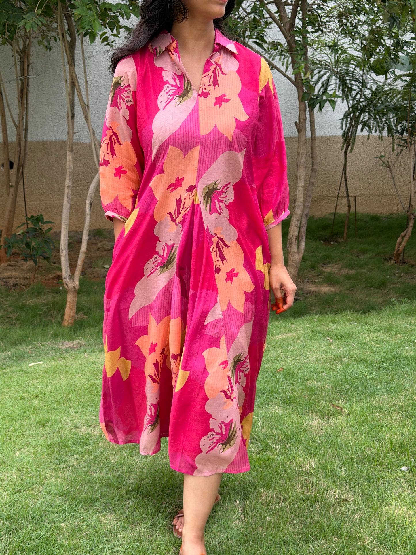 A0808 Fuchsia Pink Cotton Silk dress