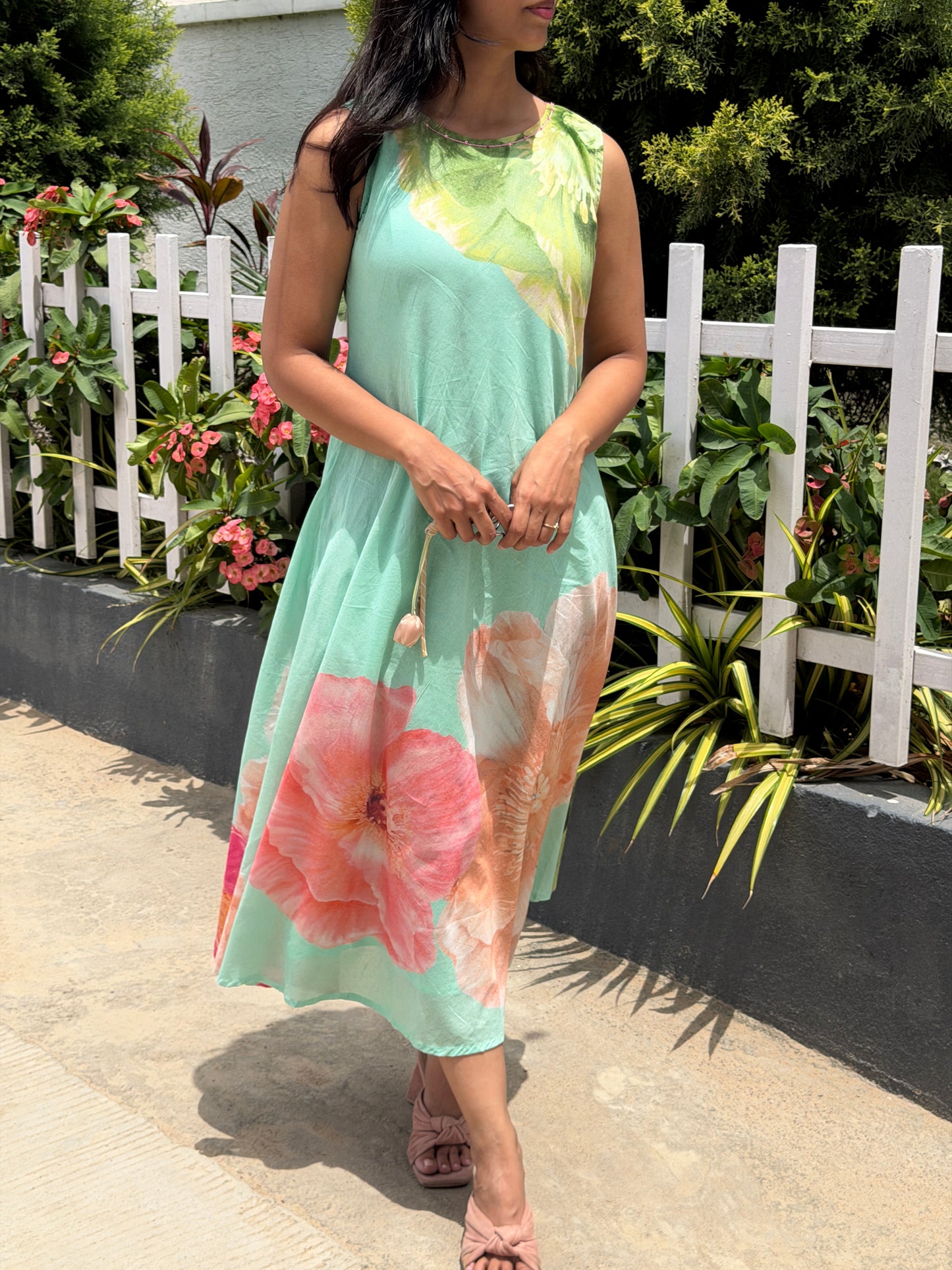 A0795 sea green Mul cotton floral digital printed frock