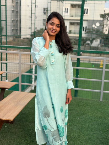 P012 blue Premium Mul chanderi 2 piece dress with lotus hand paint detailing