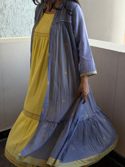 A0378 Bengal cotton Jamdani coat style in yellow and blue combinations with layered coat