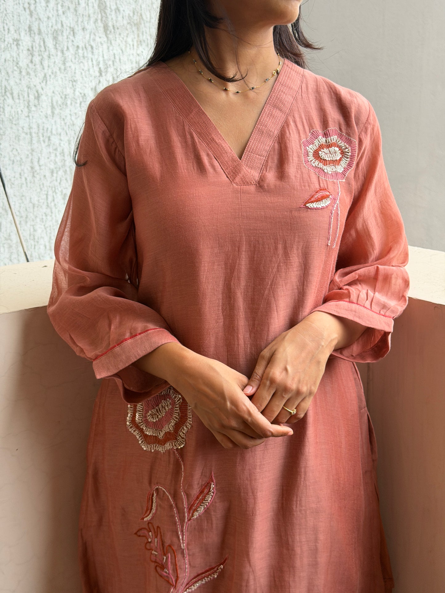 A0802 Mocha musse Premium Mul Chanderi 2pc set with embroidery detailing