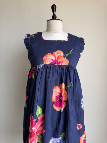 A0864 blue mul cotton floral digital printed one piece dress