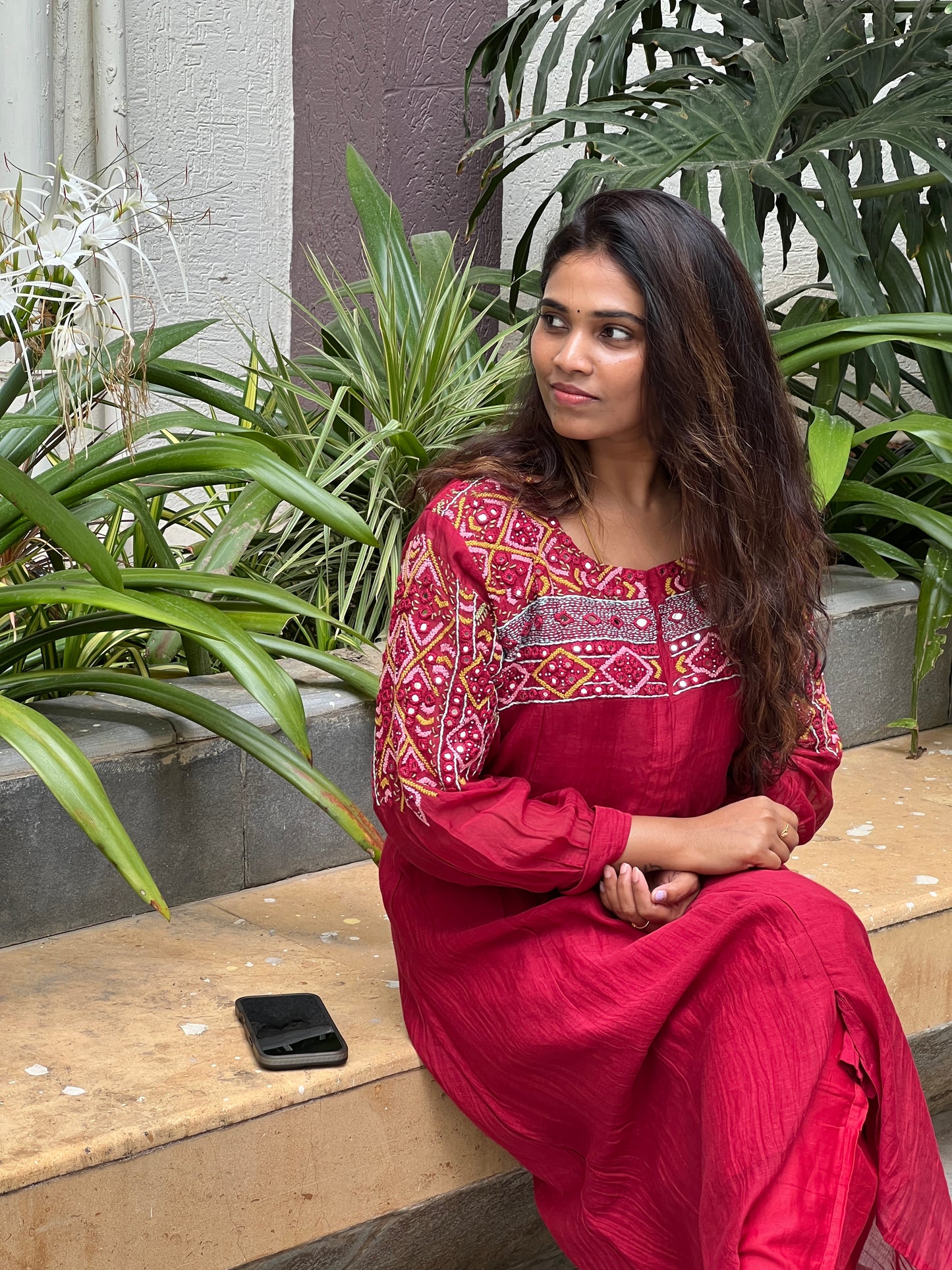 A0538 red mul chanderi 2 piece dress with hand embroidery detailing on yoke part with mirrors & Kantha work