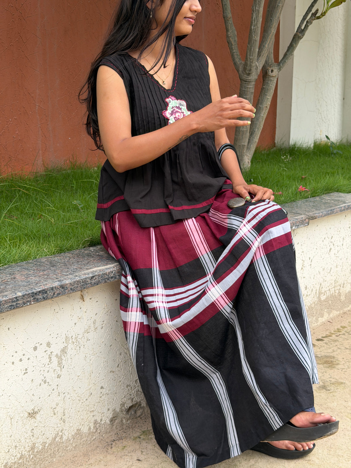 A0835 Handloom Cotton Black and Red checks Skirt and Top