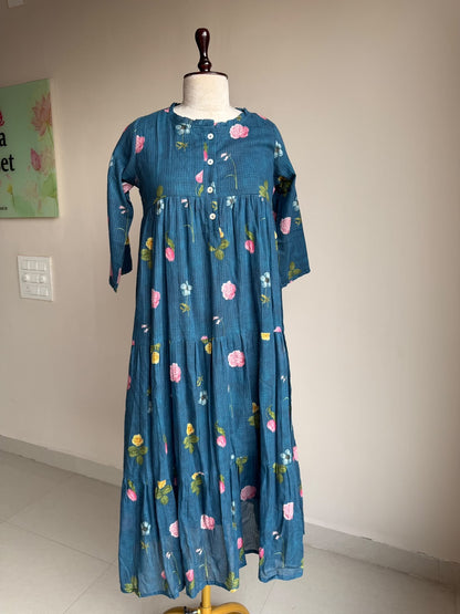 A0854 blue Kota floral printed one piece dress