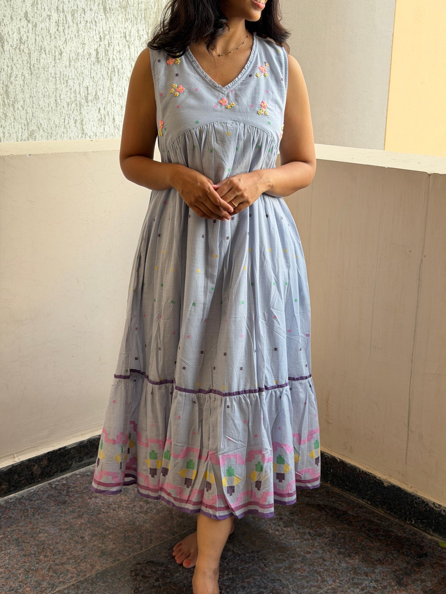 A0701 powder blue Jamdani dress with hand embroidery flowers