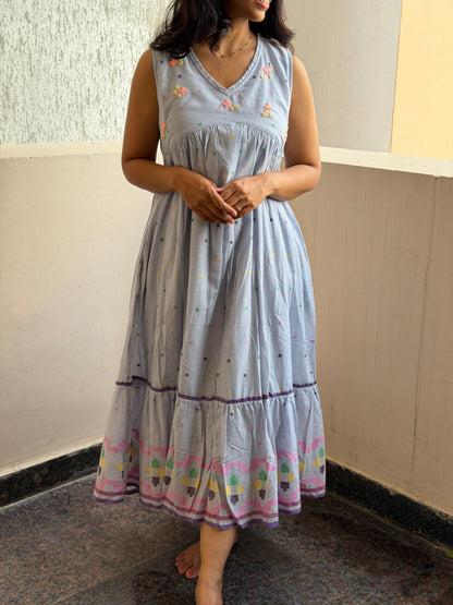A0701 powder blue Jamdani dress with hand embroidery flowers