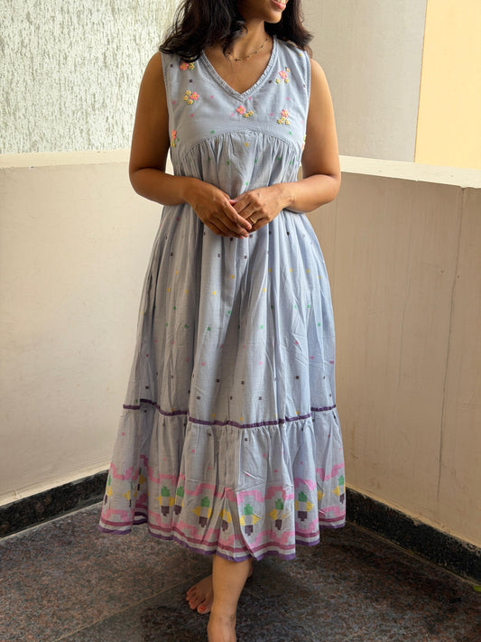 A0701 powder blue Jamdani dress with hand embroidery flowers