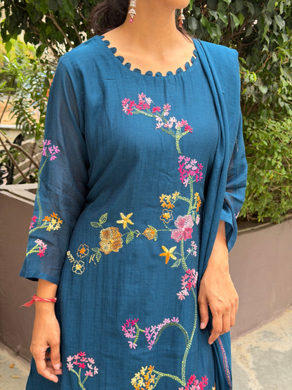 A0686 premium Mul Chanderi 3pc in peacock blue shade with all over hand embroidery details
