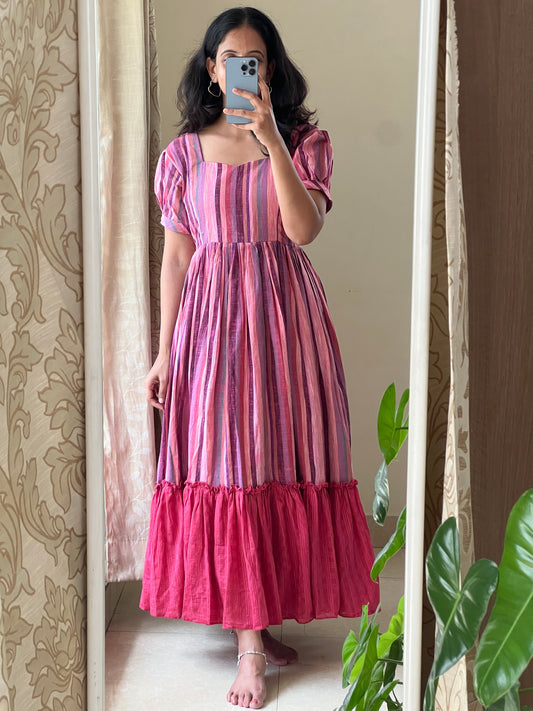 A0525 pink handloom cotton one piece dress in stripes and gathering at bottom of the dress