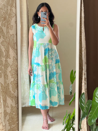 A0526 white & blue premium cotton silk one piece floral printed dress, sleeves can be attached
