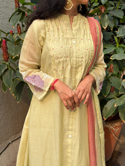 A0677 Pista Green Mul Chanderi 3pc with applique work detailing