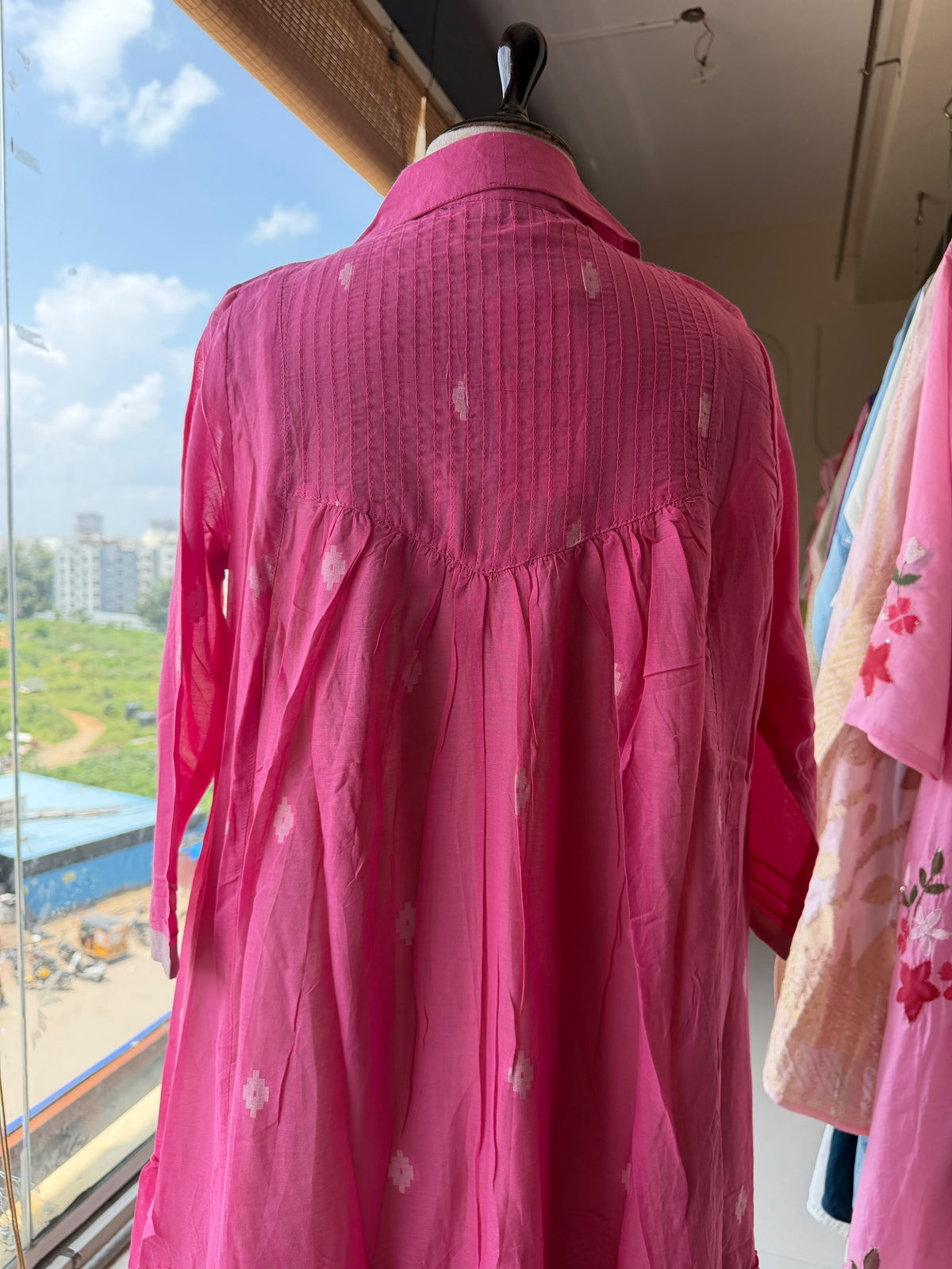 A0836 green & pink Jamdani coat dress