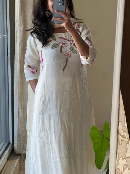 A0597 white mul chanderi 3 piece dress with hand embroidery detailing on yoke & butties on all over dupatta