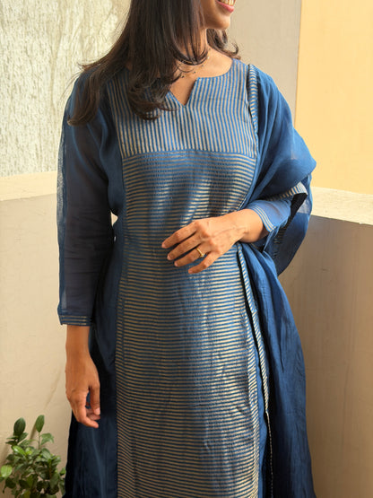 A0779 Mul Chanderi stripes 3pc set in beautiful blue