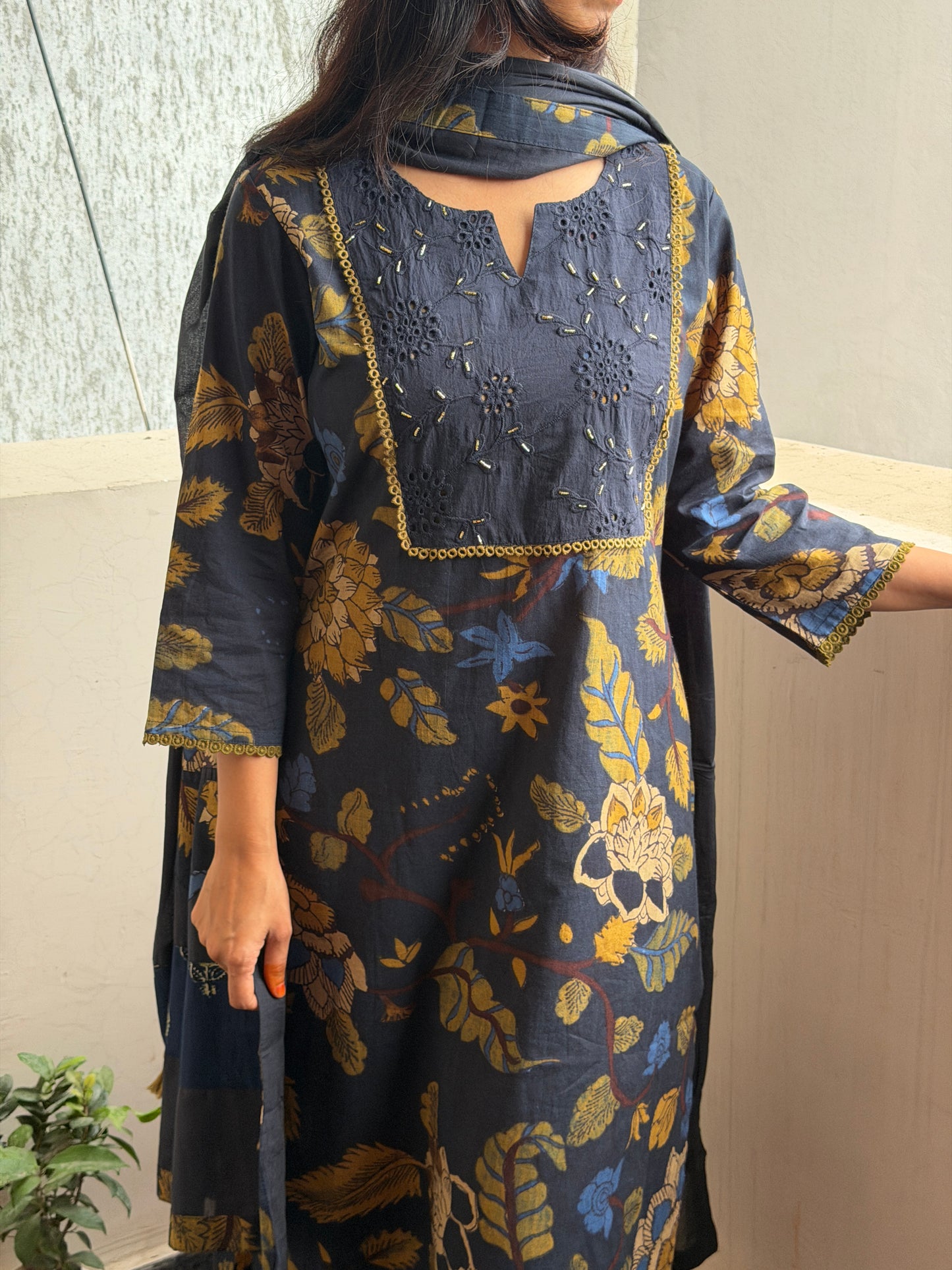A0818 navy blue pure cotton kalamkari 3 piece suit