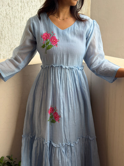 A0790 Mul Chanderi applique flower with hand paint dress